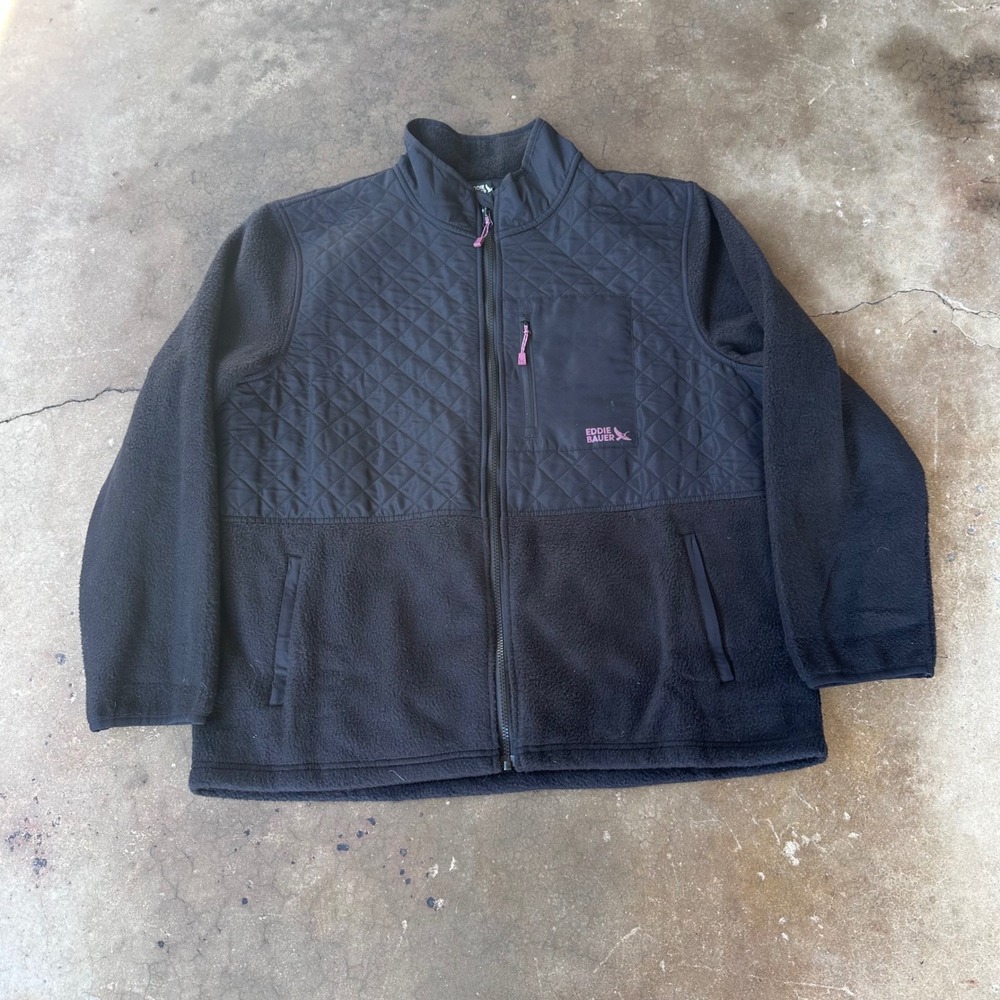 Eddie Bauer Fleece Jacket Women XL Black Excellent Quilted Full Zip Hybrid